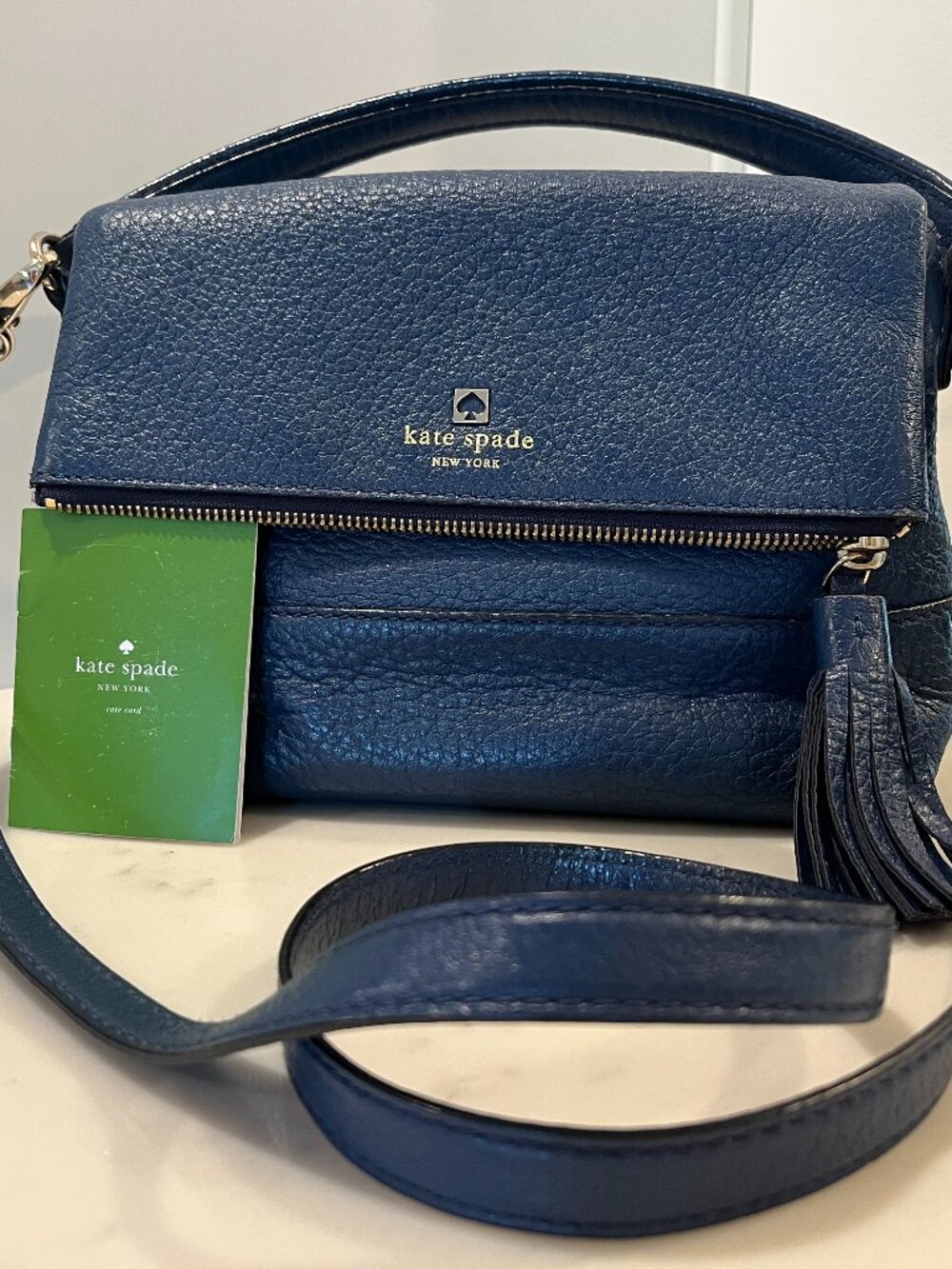 ♠️💙 Kate Spade Cabble Hill Tassel Flap Crossbody Bag Navy Blue Pebbled Leather